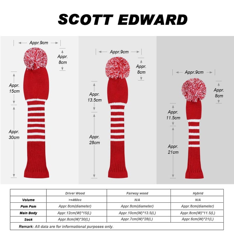 Scott Edward مجموعة أغطية رأس مضرب جولف محبوكة بأسلوب سكوت إدوارد المخطط من 3 قطع، تناسب مضرب القيادة (460cc)، مضرب الممر، الهجين (UT)، للرجال/النساء لاعبي الجولف، مظهر فردي وقابل للغسل (أحمر قاني) - Image 3
